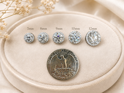 925 Sterling Silver Moissanite Halo Set Stud Earrings 7mm - 12mm