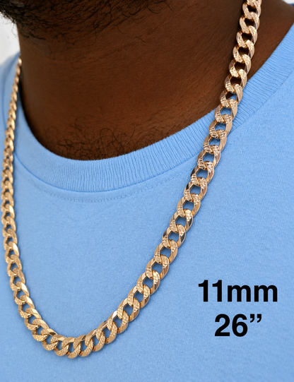 Diamond Cut FLAT Curb Cuban Chains 14k Gold Finish over Solid 925 Sterling Silver 3mm to 10.5mm