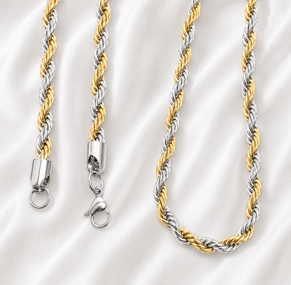 Two gold and silver rope chain necklaces on a white background