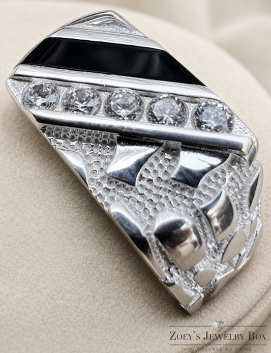 Classic Black Nugget Ring Design (925 Sterling Silver with CZ Stone Accents)