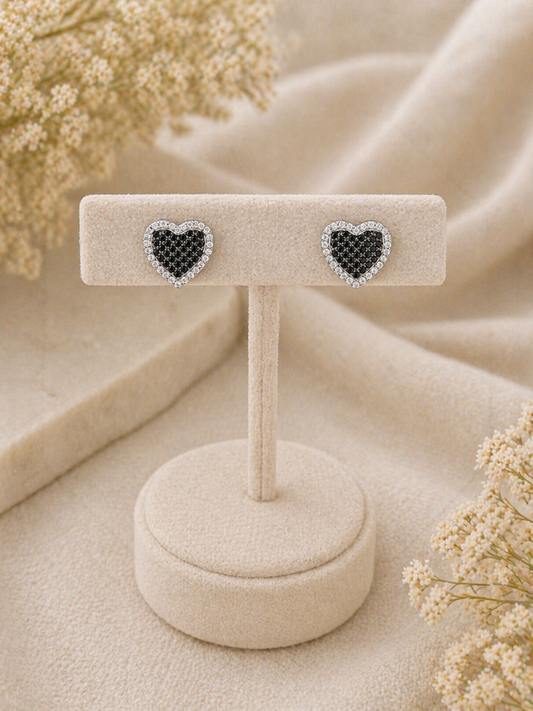 Black Ice CZ Heart Shape Stud Earrings – 925 Sterling Silver Rhodium Finish