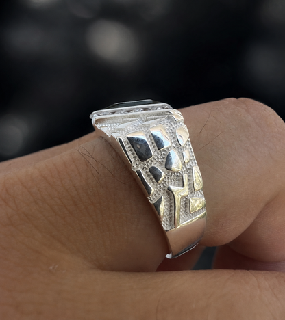 Luxury Men’s Silver Nugget Ring (Emerald Green CZ Iced Hip Hop Style)