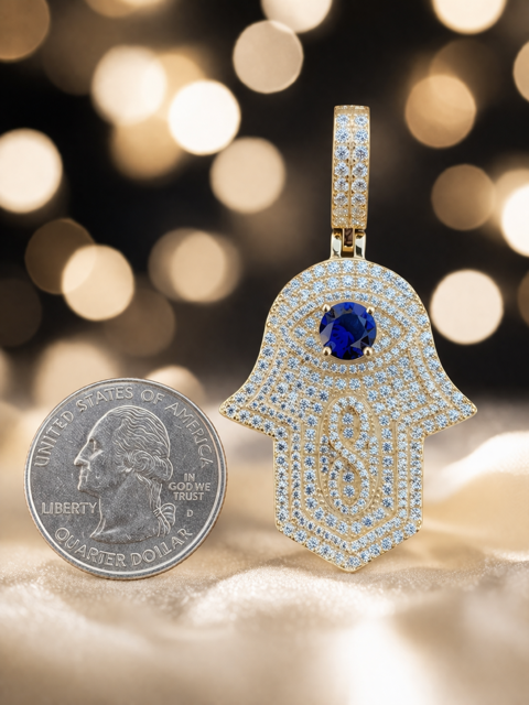 Moissanite Hamsa Evil Eye Pendant Simulated Sapphire Sterling Silver ~ Gold or Rhodium Finish
