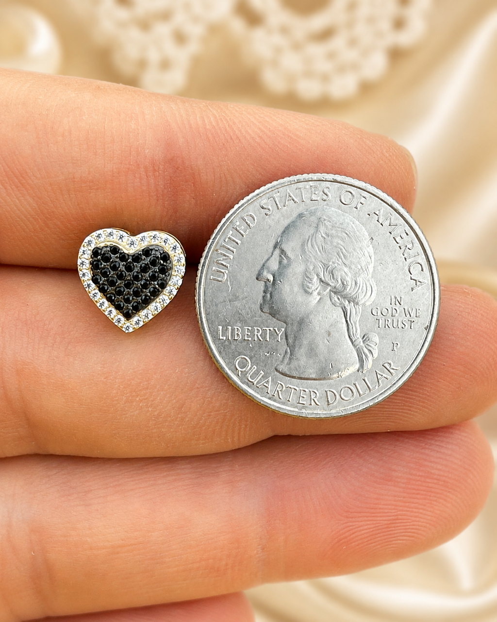 Black Ice CZ Heart Shape Stud Earrings – Gold Over 925 Sterling Silver