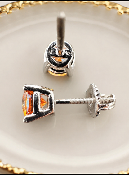 Orange Moissanite 925 Sterling Silver Stud Earrings 3mm - 8mm Screw Backs