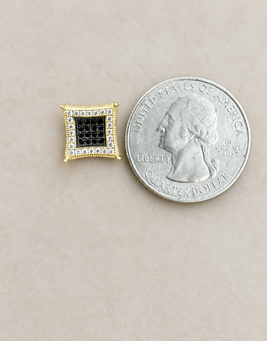 Men's 14K Gold Plated 925 Silver Iced Kite Black CZ Square Earrings Studs