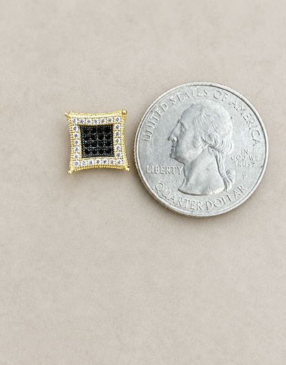 Men's 14K Gold Plated 925 Silver Iced Kite Black CZ Square Earrings Studs