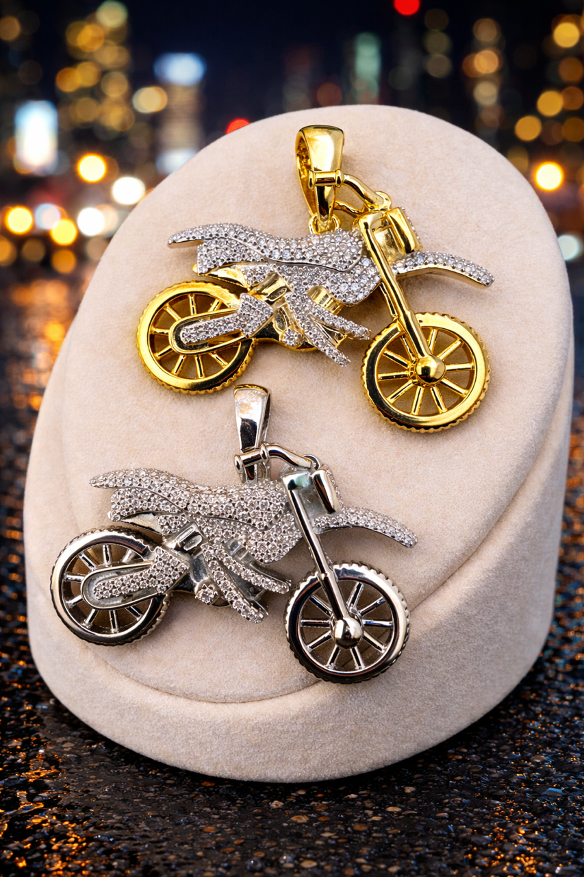 Moissanite Dirt Bike Motorcycle Pendant – Gold or Silver