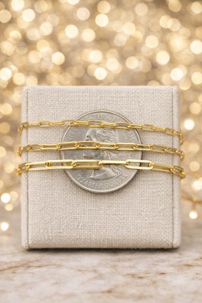 14k Gold Over Solid 925 Sterling Silver Paper Clip Bracelets 2.5mm, 3mm, 4mm