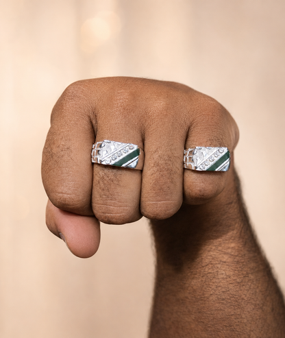 Luxury Men’s Silver Nugget Ring (Emerald Green CZ Iced Hip Hop Style)