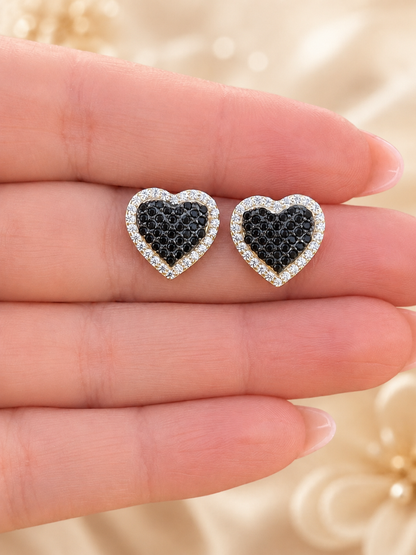 Black Ice CZ Heart Shape Stud Earrings – Gold Over 925 Sterling Silver