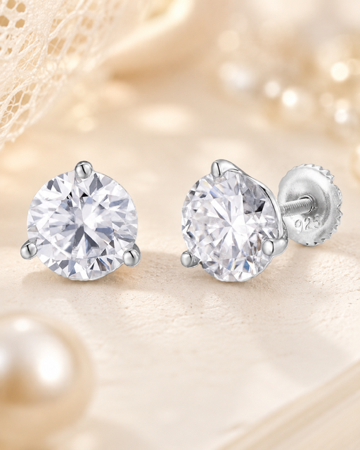 Sterling Silver Moissanite 3 Prong Martini Set Solitaire Stud Earrings 3mm to 10mm SCREW BACKS