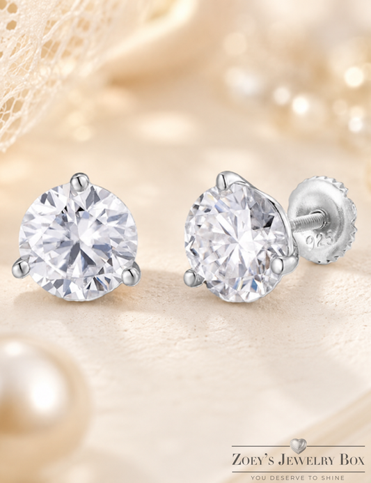 Sterling Silver Moissanite 3 Prong Martini Set Solitaire Stud Earrings 3mm to 10mm (Screw Backs)