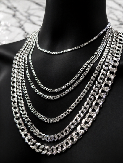 Diamond Cut FLAT Curb Cuban Chains Solid 925 Sterling Silver 3mm to 10.5mm