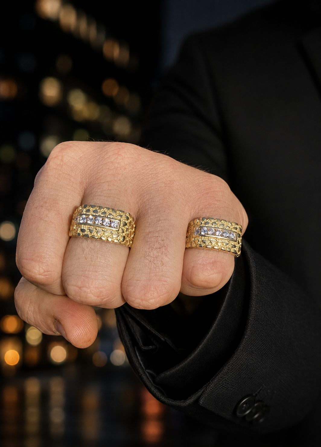 Gold Channel Set Nugget Ring 925 Silver CZ Stones