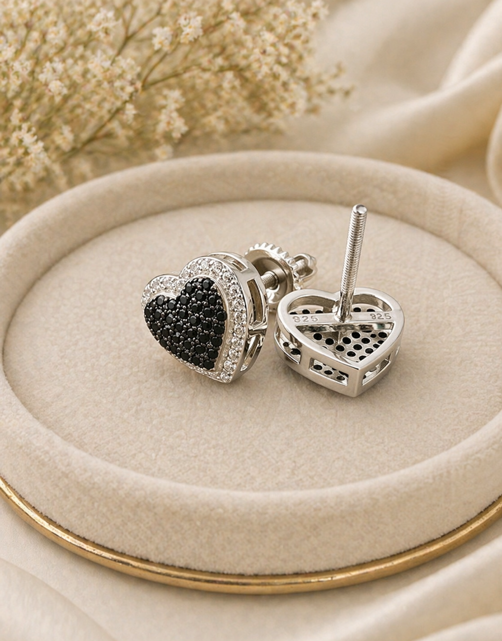 Black Ice CZ Heart Shape Stud Earrings – 925 Sterling Silver Rhodium Finish