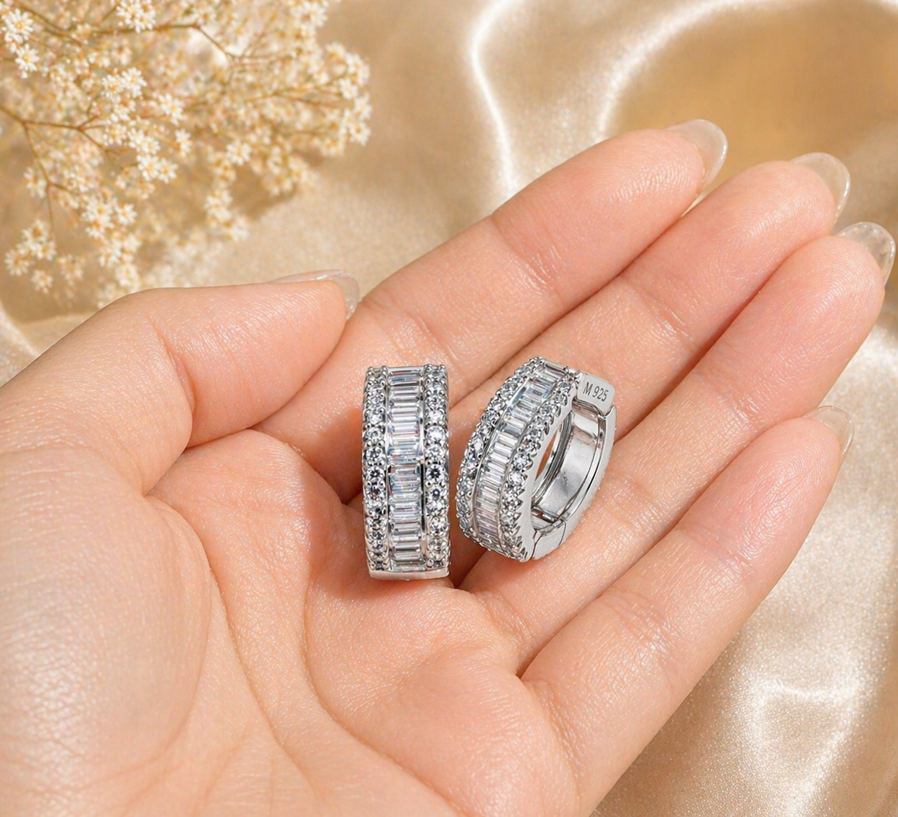 Baguette Moissanite 12mm Huggie Hoop Earrings 925 Sterling Silver