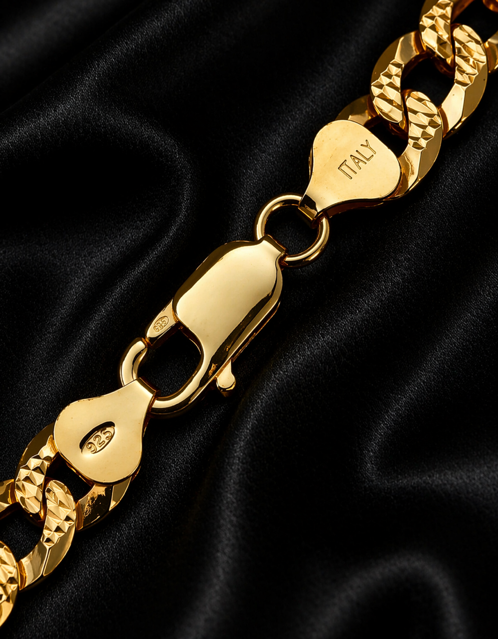 Diamond Cut FLAT Curb Cuban Chains 14k Gold Finish over Solid 925 Sterling Silver 3mm to 10.5mm