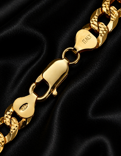 Diamond Cut FLAT Curb Cuban Chains 14k Gold Finish over Solid 925 Sterling Silver 3mm to 10.5mm