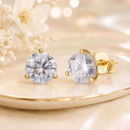 Gold Over Sterling Silver Moissanite 3 Prong Martini Set Solitaire Stud Earrings 3mm to 10mm PUSH BACKS