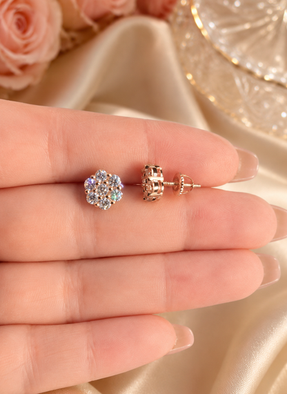 Rose Gold Over Sterling Silver Moissanite Floral Honeycomb Design Stud Earrings 6mm - 11mm