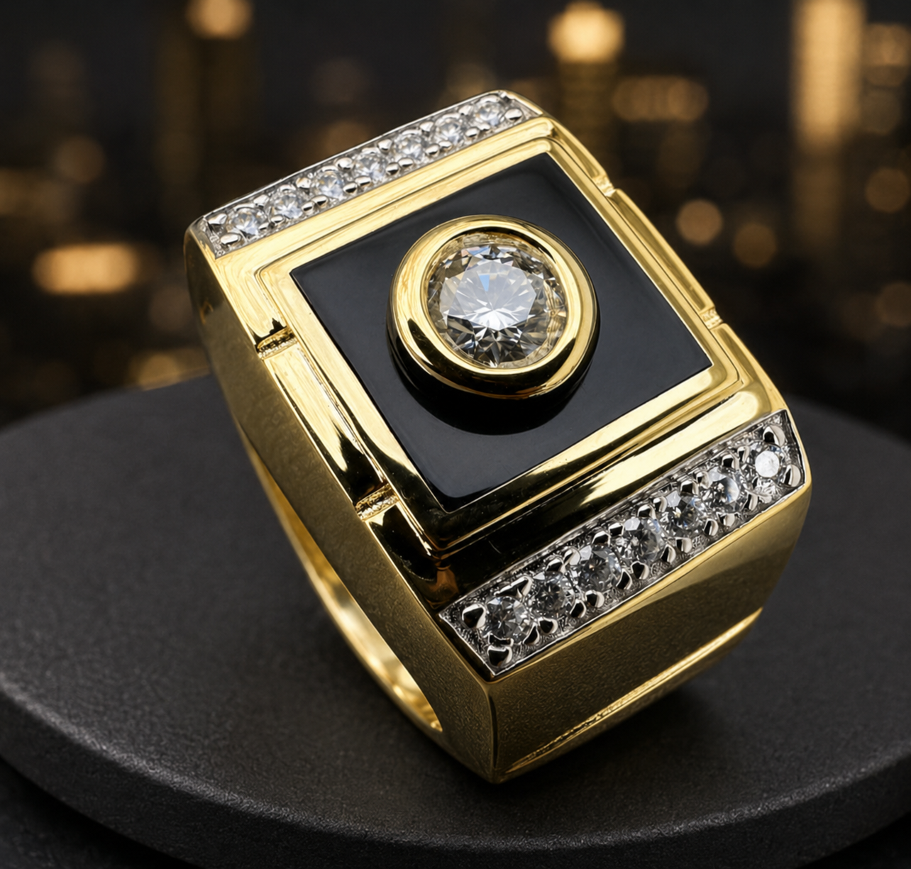 Gold Onyx Moissanite Solitaire Ring
