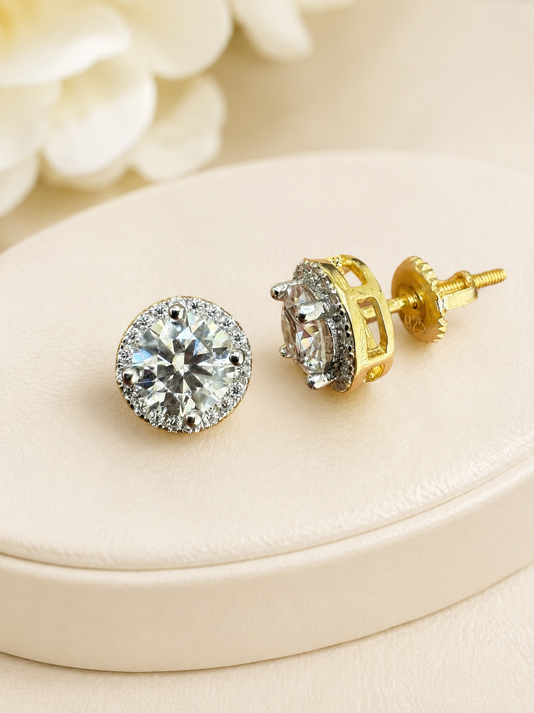 Premium Moissanite Iced Out Halo Stud Earring Set 14k Gold Vermeil over 925 Sterling Silver