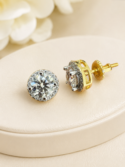 Premium Moissanite Iced Out Halo Stud Earring Set 14k Gold Vermeil over 925 Sterling Silver