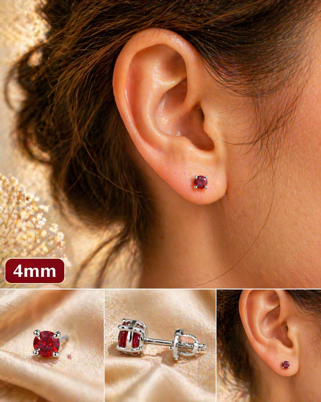 Ruby Red Moissanite 925 Sterling Silver Stud Earrings 3mm - 8mm Screw Backs