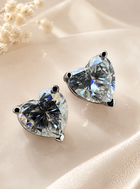 Sterling Silver Moissanite HEART Stud Earrings 3mm, 5mm, 7mm