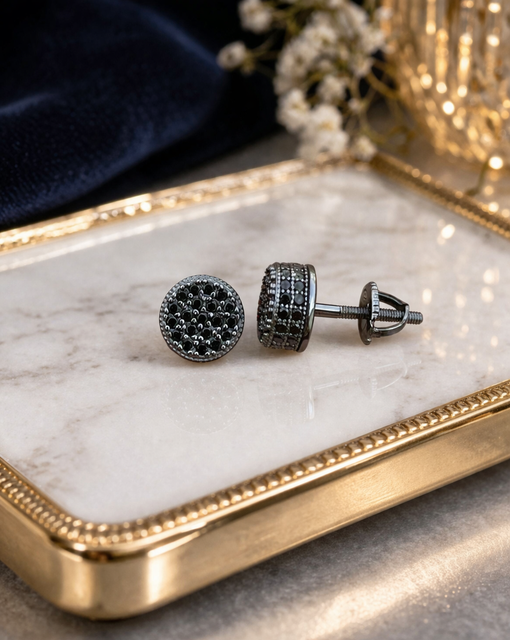 Iced Out Round Black 3D Stud Earrings - Screw Back Closure
