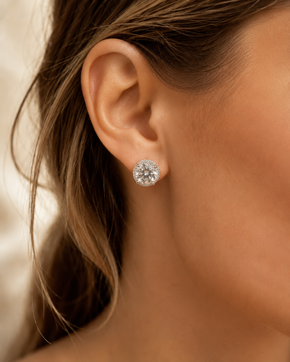 925 Sterling Silver Moissanite Halo Set Stud Earrings 7mm - 12mm