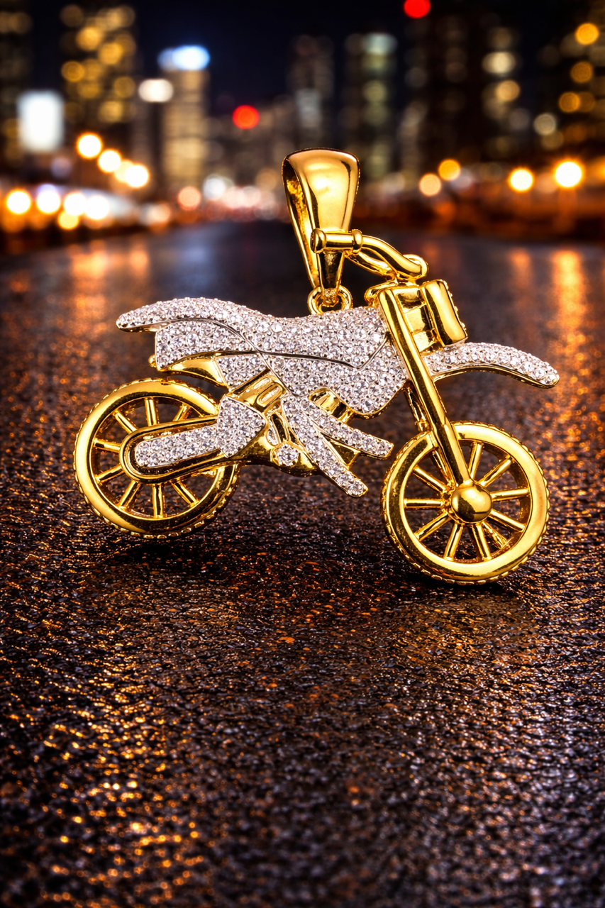 Moissanite Dirt Bike Motorcycle Pendant – Gold or Silver
