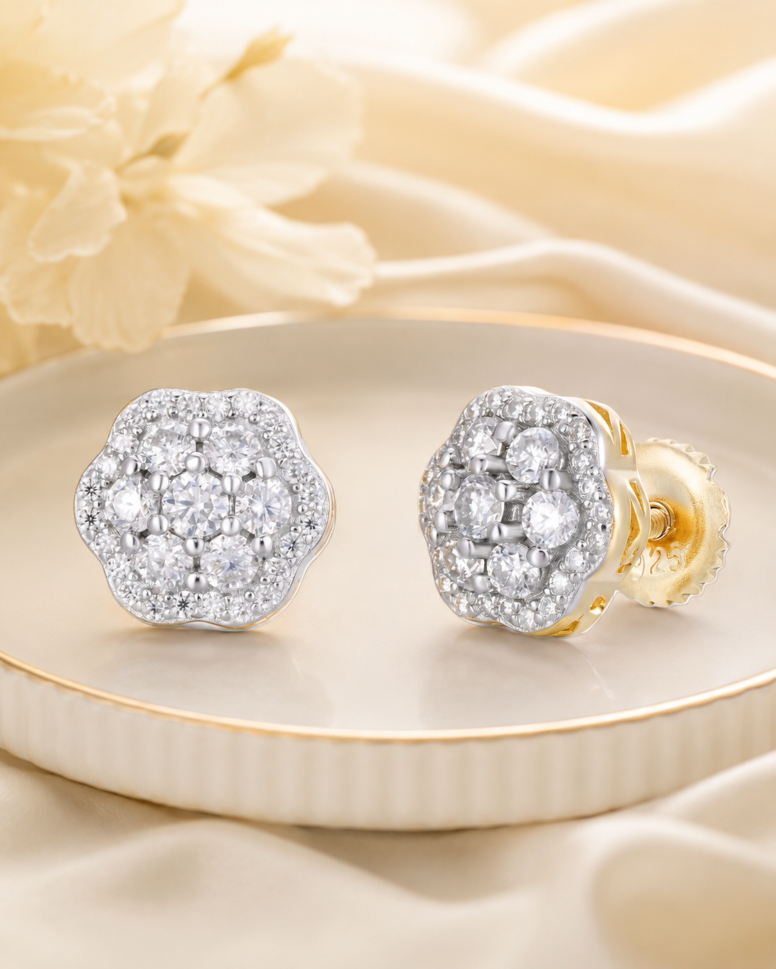 14k Gold Vermeil Over 925 Sterling Silver Moissanite Floral Cluster Stud Earrings 7.5mm - 11mm