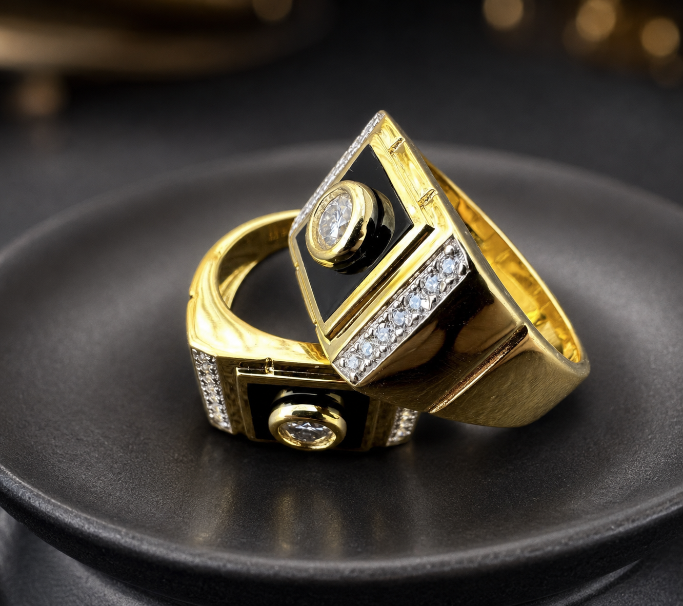 Gold Onyx Moissanite Solitaire Ring