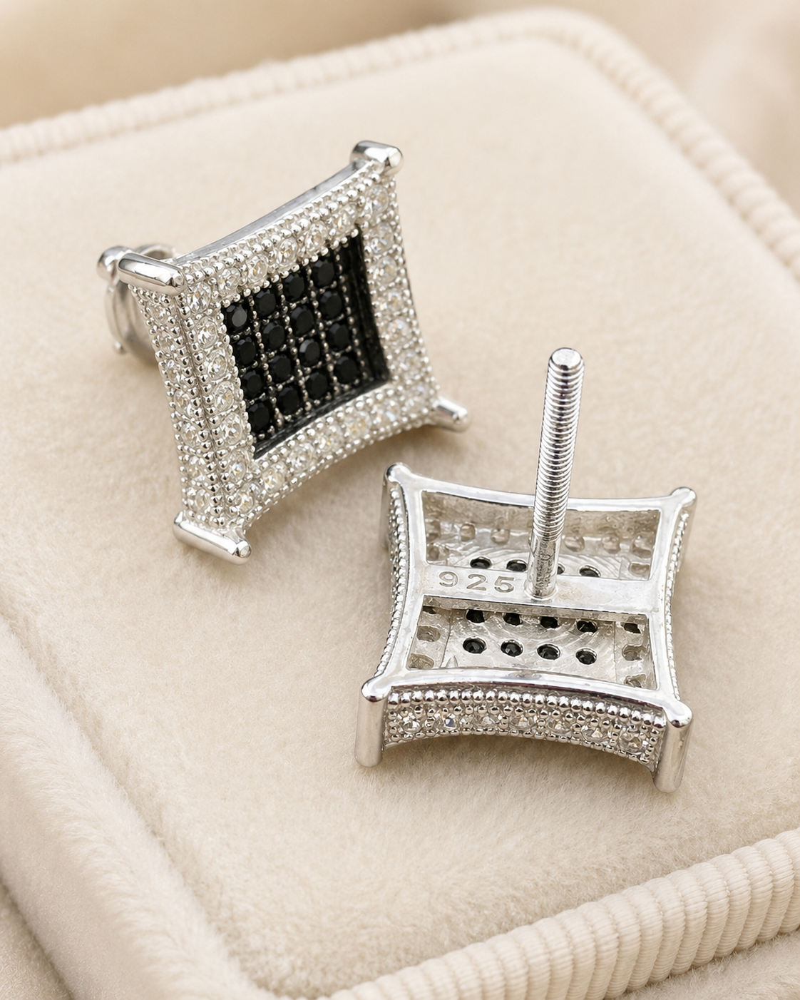 3D Kite Classic Iced Out Earrings (925 Silver, Black CZ Stones, 11.5mm)