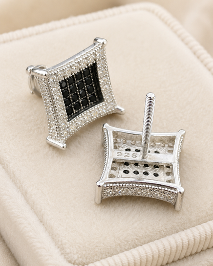 3D Kite Classic Iced Out Earrings (925 Silver, Black CZ Stones, 11.5mm)