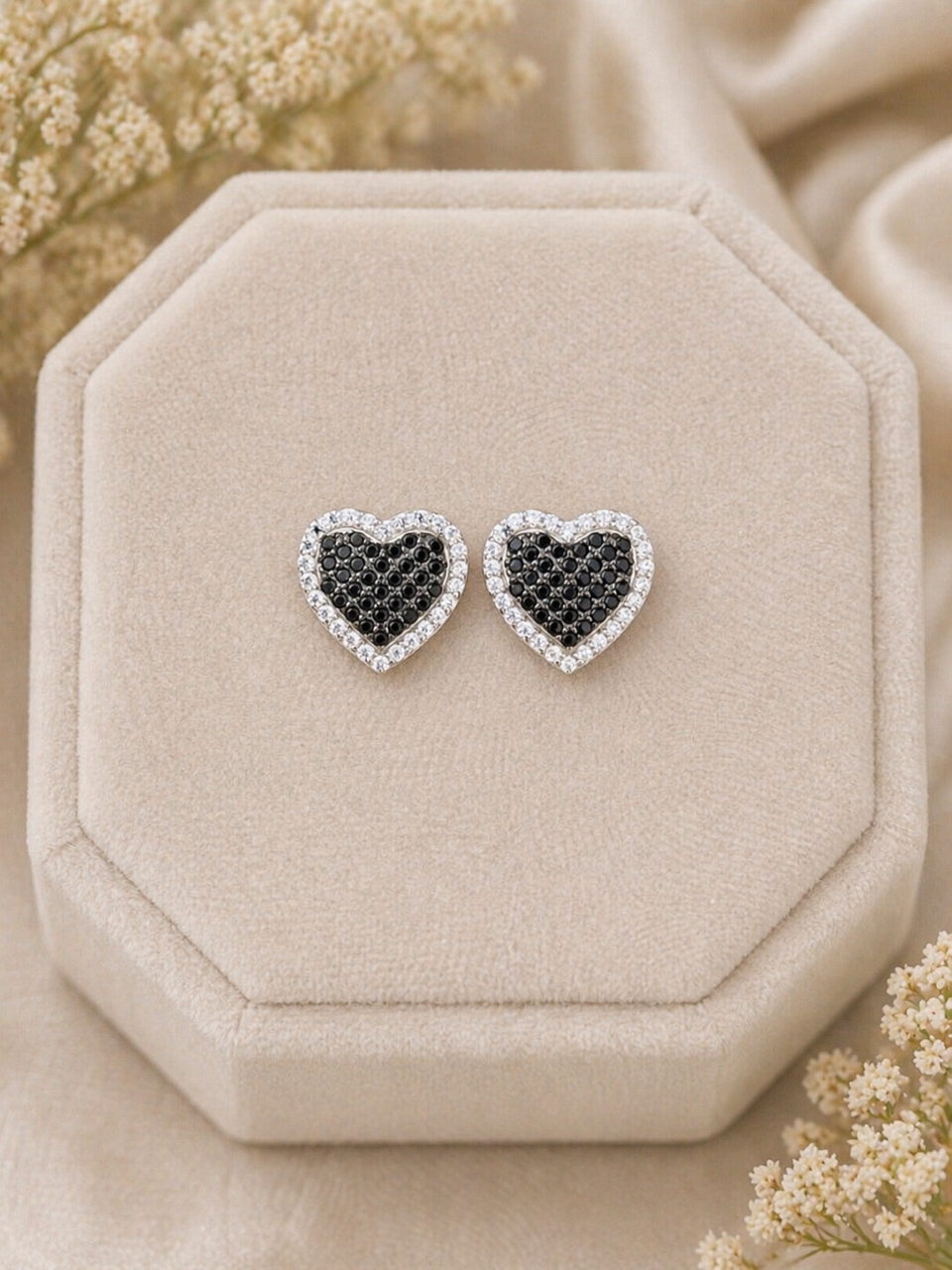 Black Ice CZ Heart Shape Stud Earrings – 925 Sterling Silver Rhodium Finish