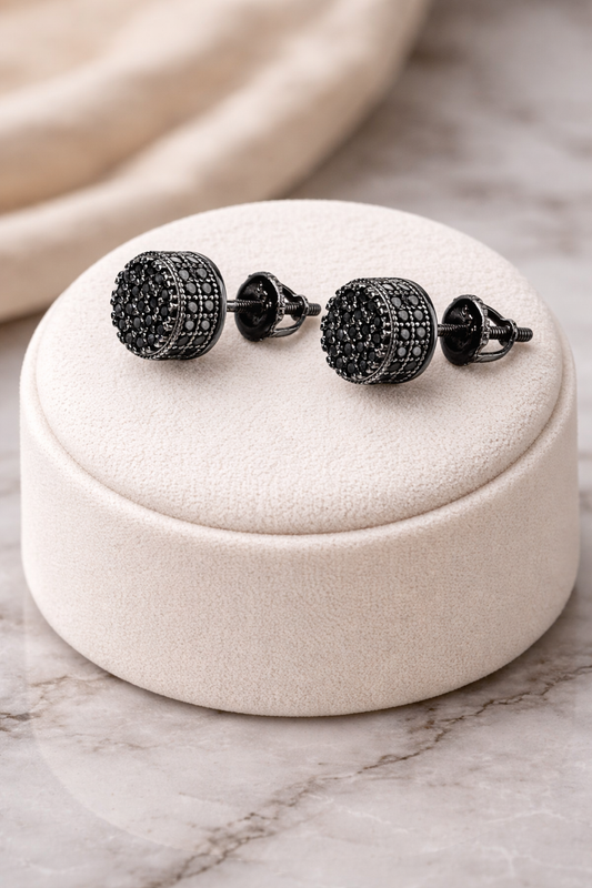 Iced Out Round Black 3D Stud Earrings - Screw Back Closure