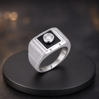Silver Moissanite Onyx Solitaire Ring