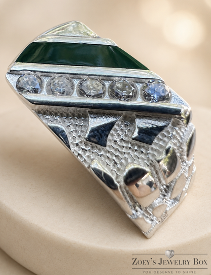 Luxury Men’s Silver Nugget Ring (Emerald Green CZ Iced Hip Hop Style)