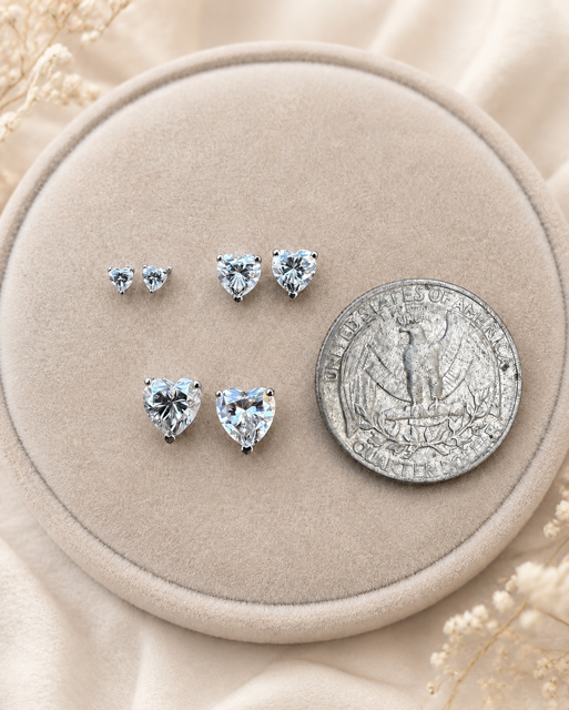 Sterling Silver Moissanite HEART Stud Earrings 3mm, 5mm, 7mm