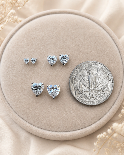 Sterling Silver Moissanite HEART Stud Earrings 3mm, 5mm, 7mm