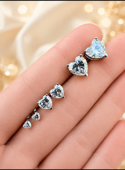 Sterling Silver Moissanite HEART Stud Earrings 3mm, 5mm, 7mm