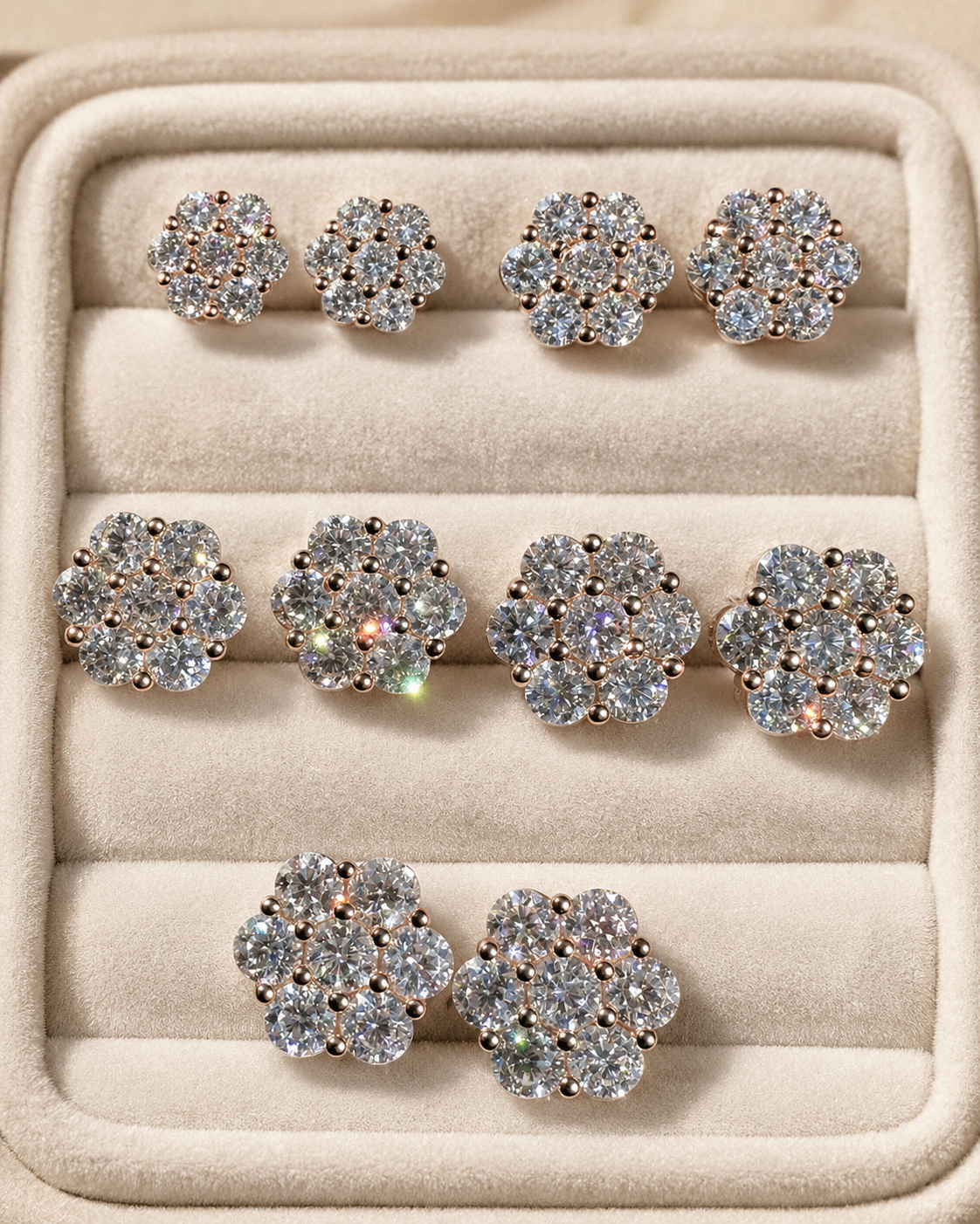 Rose Gold Over Sterling Silver Moissanite Floral Honeycomb Design Stud Earrings 6mm - 11mm