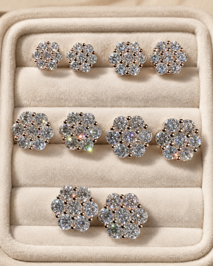 Rose Gold Over Sterling Silver Moissanite Floral Honeycomb Design Stud Earrings 6mm - 11mm