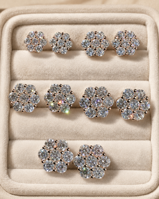 Rose Gold Over Sterling Silver Moissanite Floral Honeycomb Design Stud Earrings 6mm - 11mm