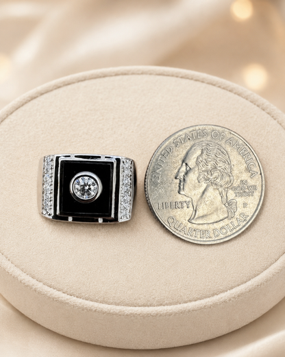 Silver Moissanite Onyx Solitaire Ring