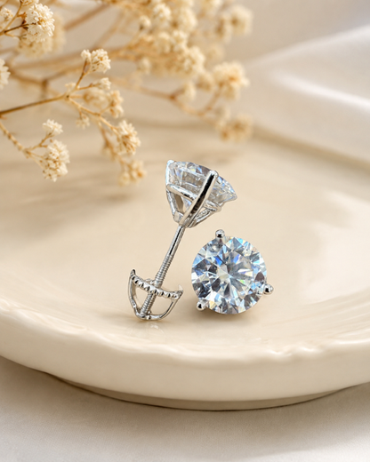 Sterling Silver Moissanite 3 Prong Martini Set Solitaire Stud Earrings 3mm to 10mm SCREW BACKS