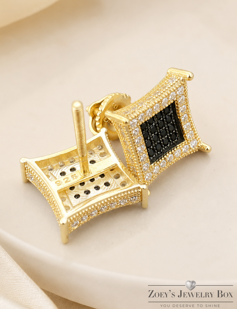 Men's 14K Gold Plated 925 Silver Iced Kite Black CZ Square Earrings Studs